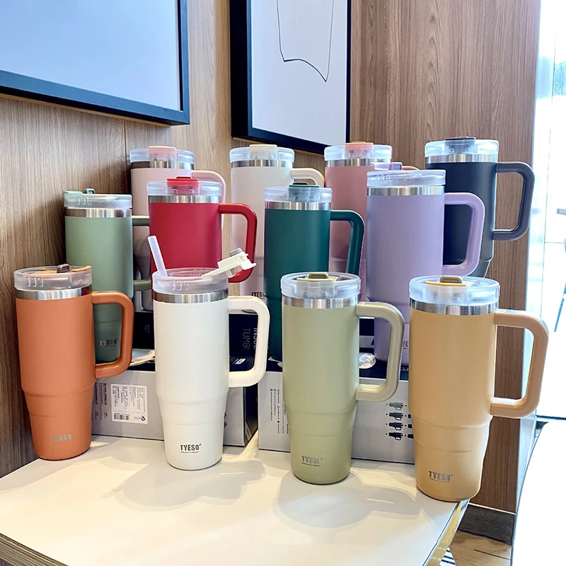 30oz/40oz Tyeso Large Capacity Thermal Bottle Stainless Steel Car Coffee Mug Handle Straw Cups Travel Vacuum Cold Insulated Cup