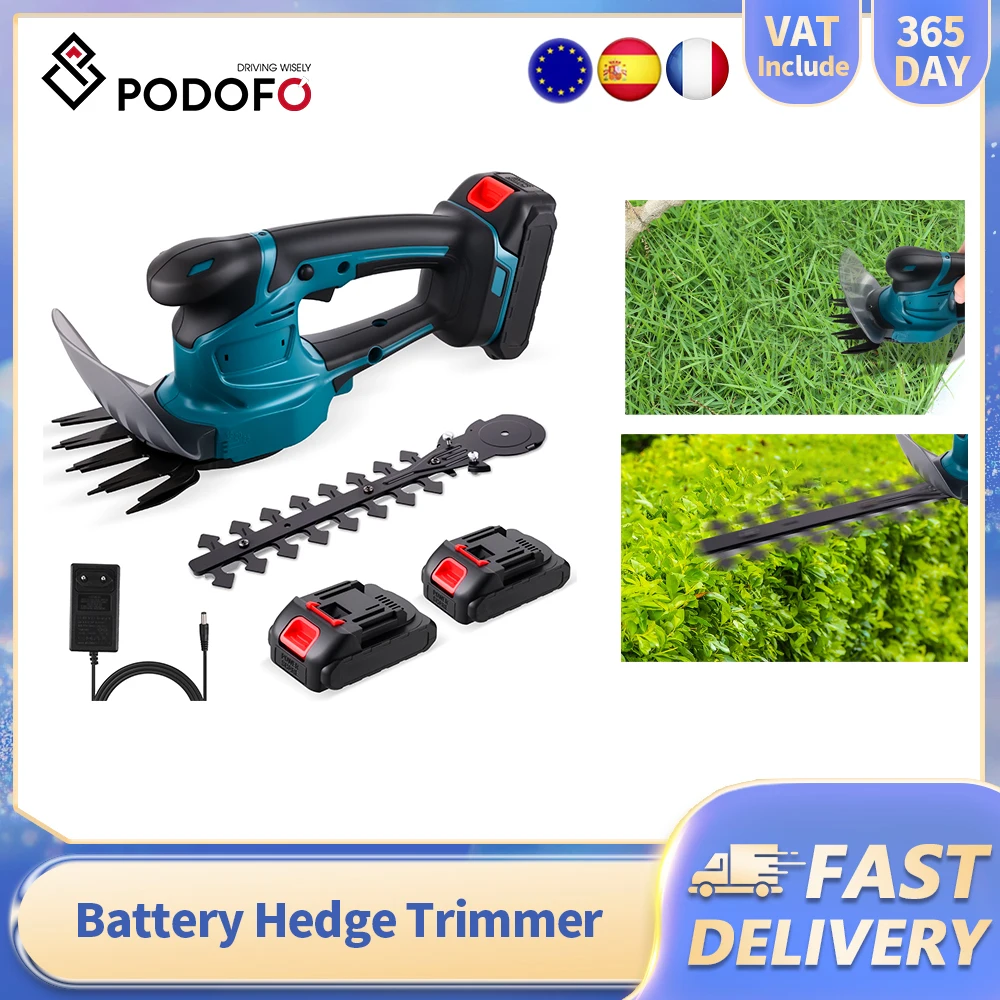 Podofo Cortasetos 2 en 1, Tijeras para Césped, Herramientas Eléctricas de Jardín para Patio, Jardín y Césped, para Batería de 21V