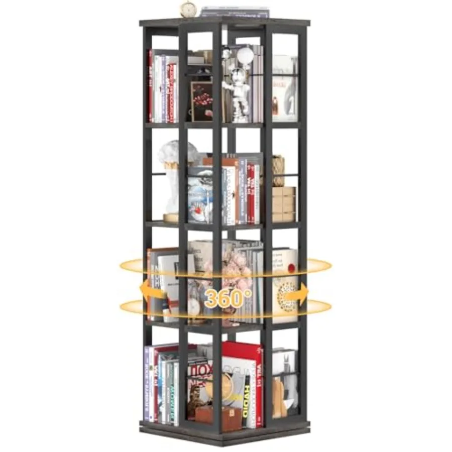 Rotating Bookshelf for Small Space, Solid Wood Corner Bookshelf in Natural Finish, 360 Spinning Display with Smooth Revolving M