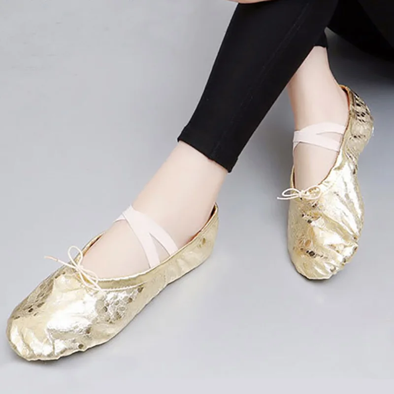 USHINE professional silver golden PU yoga belly dance shoes performance soft sole gym ballet dance shoes children girls woman