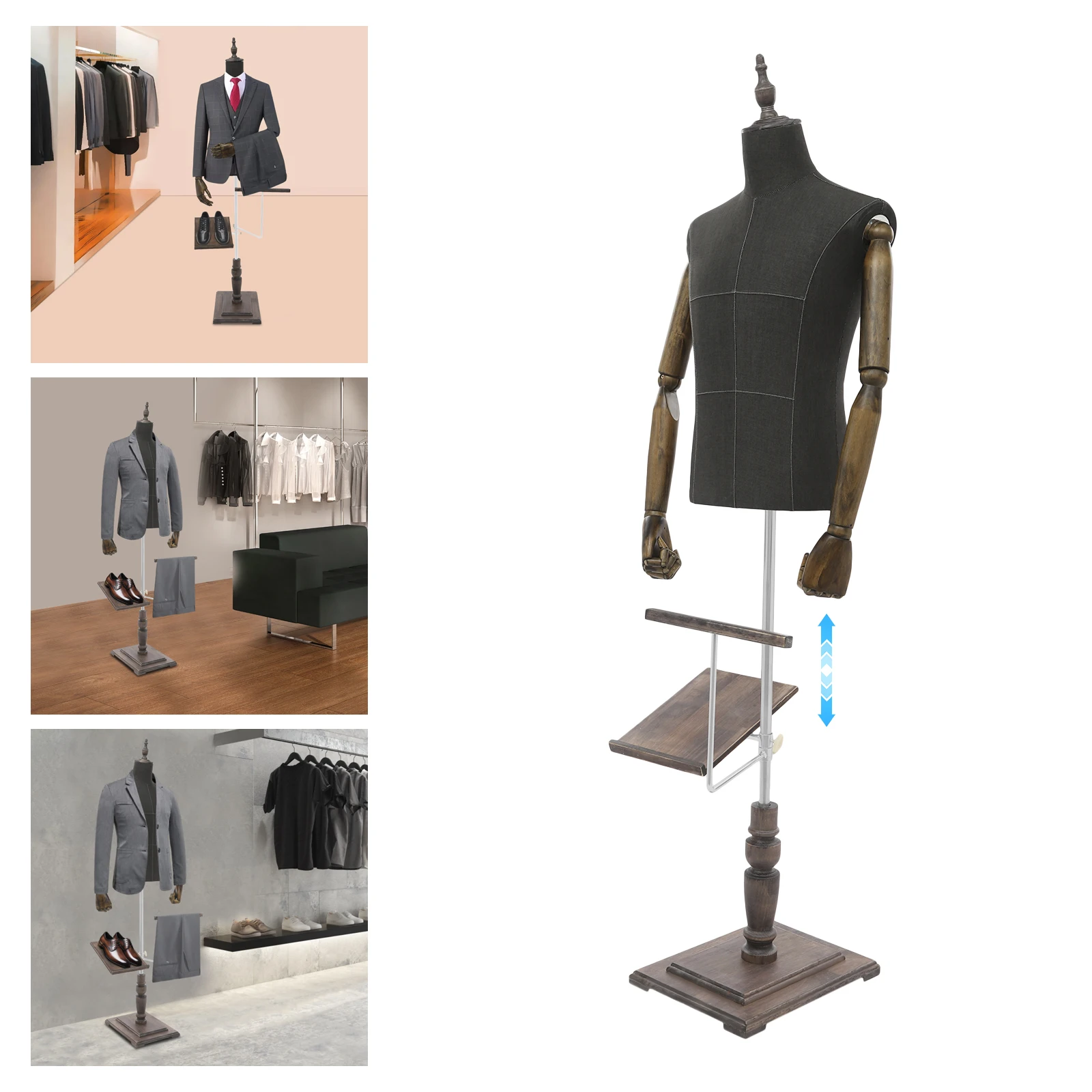 Male Mannequin Torso Dress Form, Adjustable Height, Suit Display Stand with Movable and Detachable Arms for Clothing Store