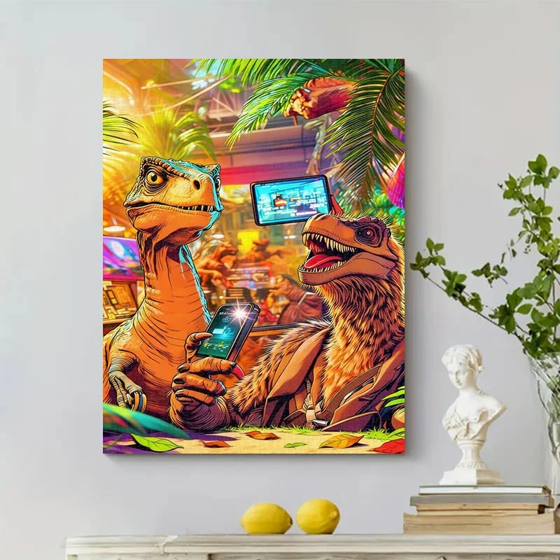 1000pcs quebra-cabeça retro-futurista Dino Gamer |   Quebra-cabeça de papelão de 27,55 × 19,69 polegadas, diversão para aliviar o estresse para adultos e família, ideal