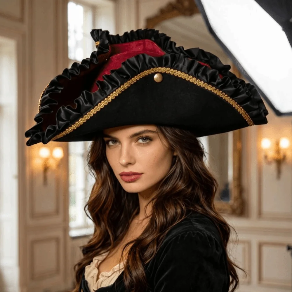 Satin Triangle Pirate Hat Pleated Ruffled Head Ornament Halloween Costume Hat Dress Up Feather Decors Costume Cosplay Cap