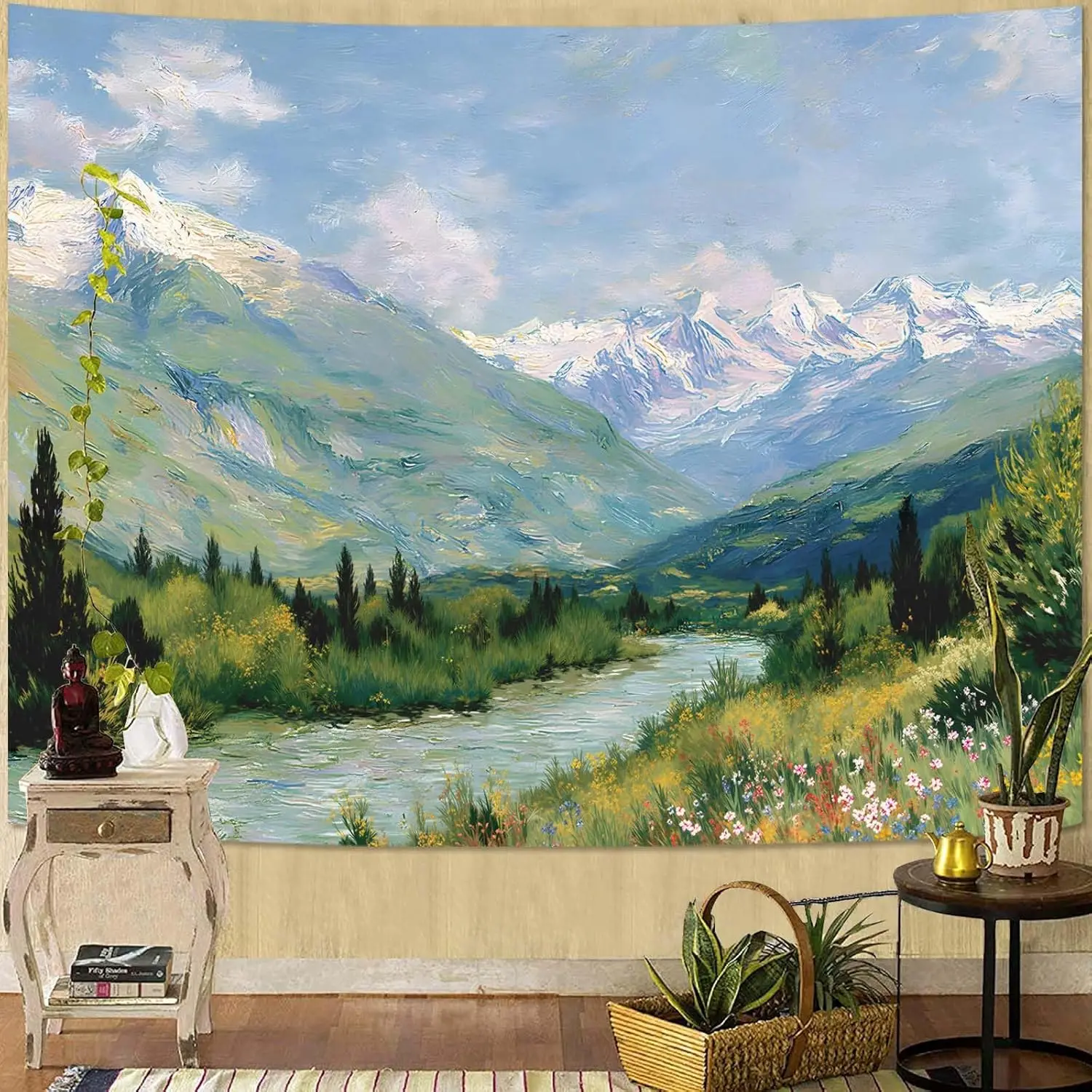 Tapestry Alpine Mountain River Landscape Oil Painting Wall Art Artistic Hand-Painted Look Fine Art Meadow Flowers Decor