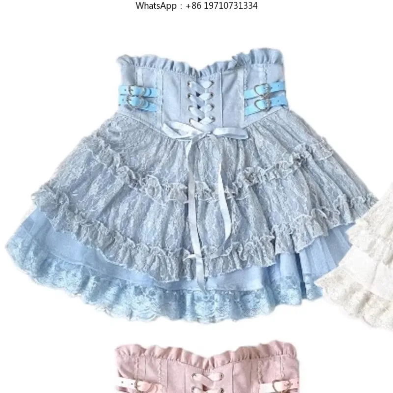 Women Sweet Lolita Lace Mini Skirt Metal Buckle Y2K Gothic Party Skirt
