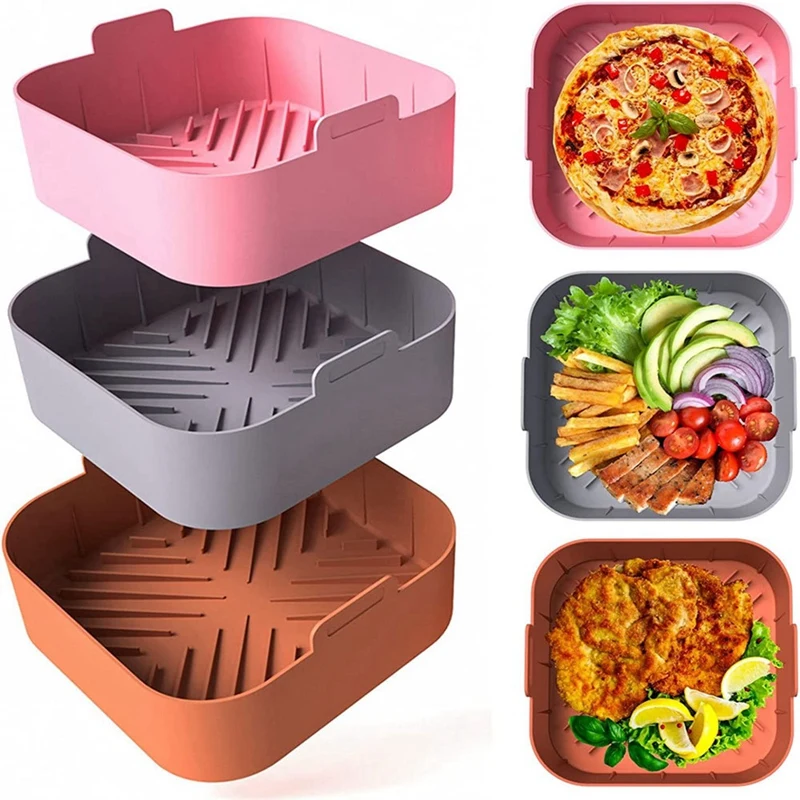 

3Pcs Air Fryer Silicone Liners Square Airfryer Liners 8.2Inch Air Fryer Pot For 4-8 QT Air Fryer Basket Accessories