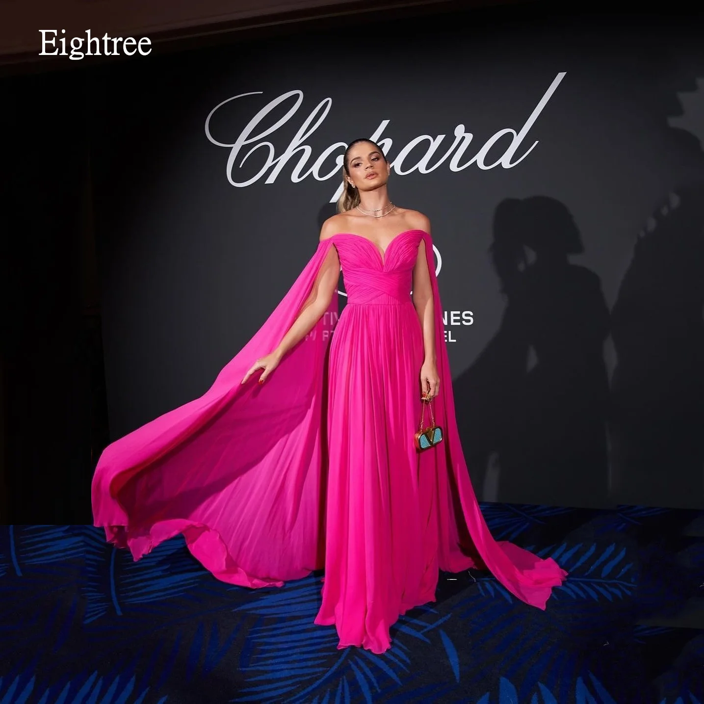 

Eightree Flowy Hot Pink Off The Shoulder Prom Gowns Sweetheart Neck A Line Party Gown Floor Length Evening Dress Customized