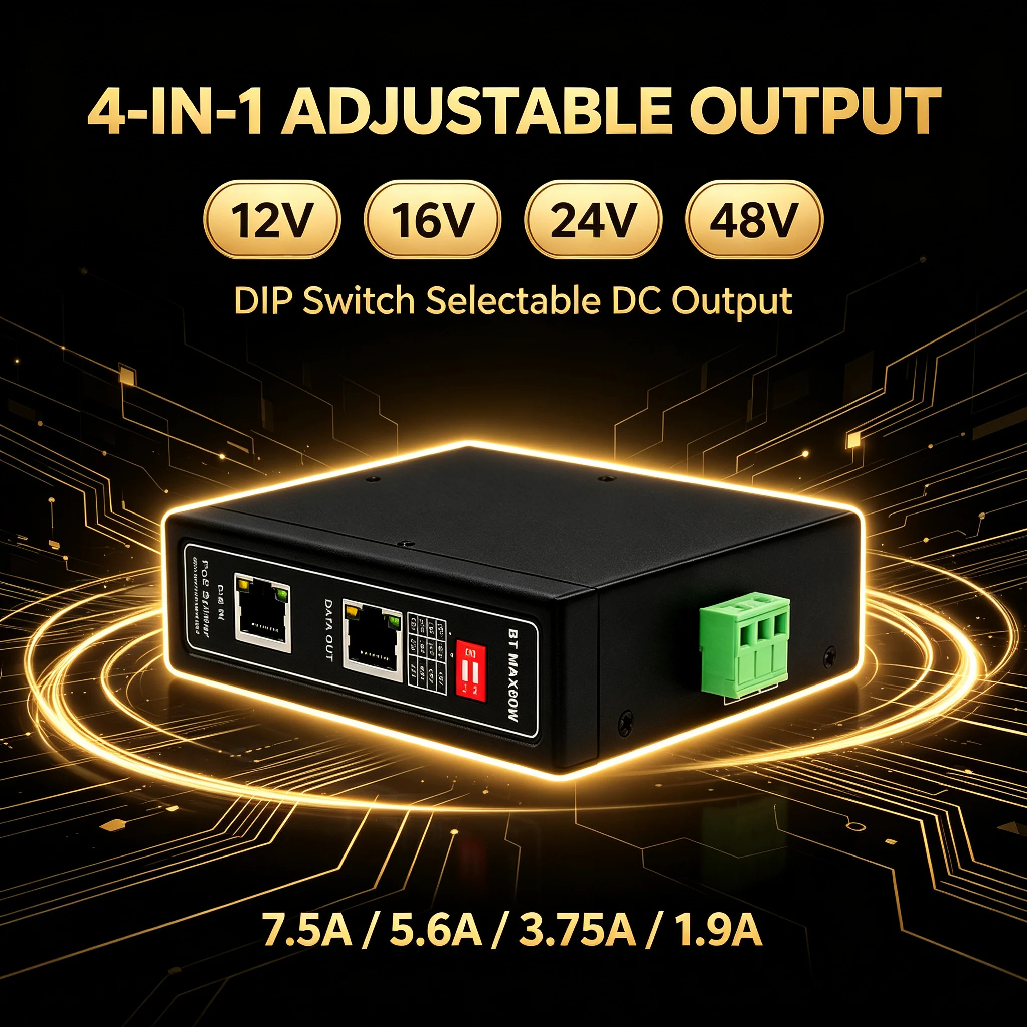 90W 2.5G/10G Industrial POE Splitter DIP Switchable Output 12/16/24/48VDC Compatible with 802.3at/bt/poe++ for Network Equipment