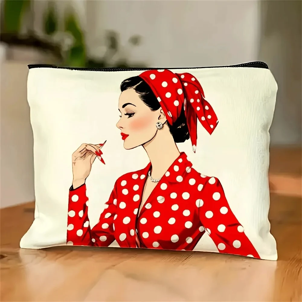 A Retro Polka Dot Girl Makeup Bag - Cute Multi-functional Zipper Pouch for Women, Jewelry Storage Bag