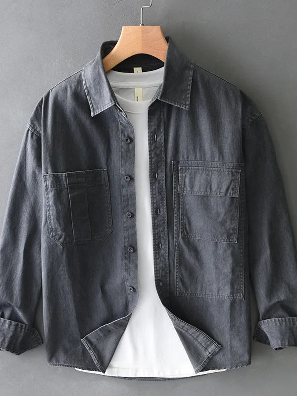

Ретро-куртка из американского денима для мужчин: свободная повседневная рабочая куртка с длинными рукавами, модная оверсайз модель из хлопка для весны, эффект «ледяной свежести»