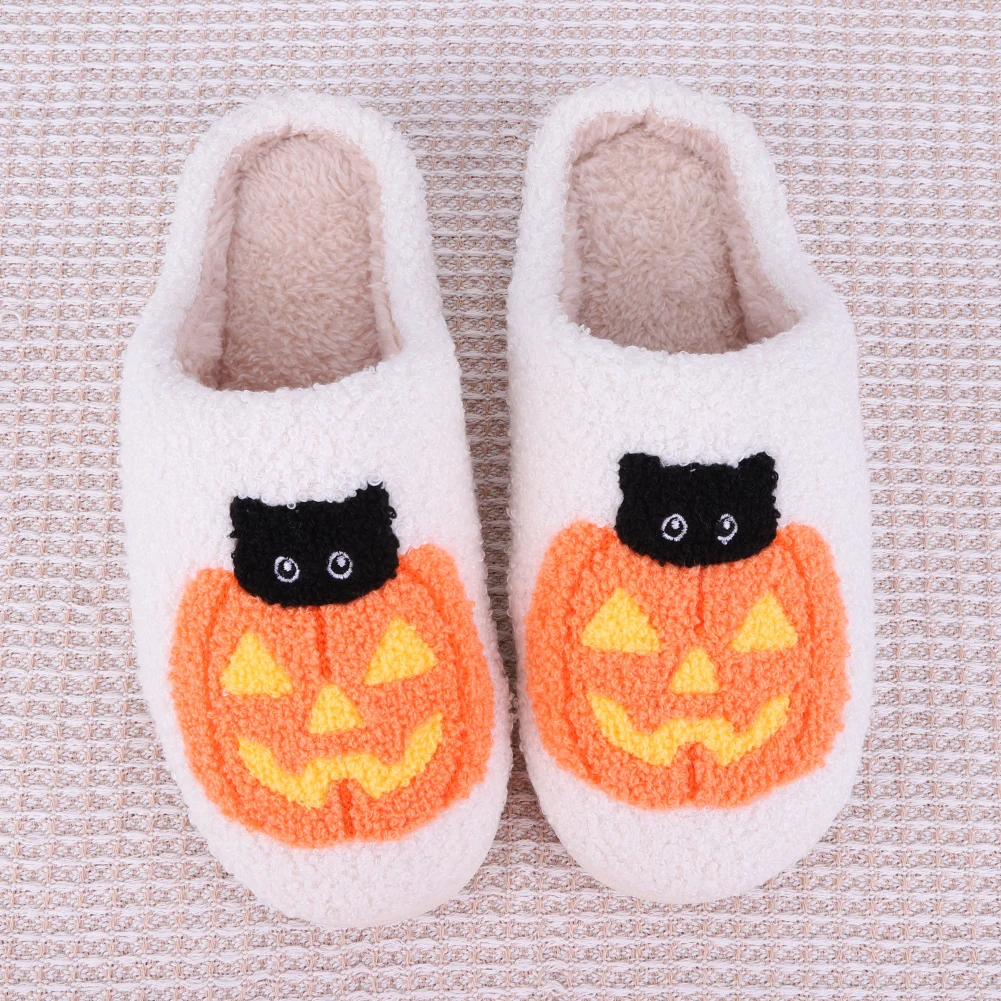 Zapatillas de gato de calabaza de Halloween, pantuflas de felpa con punta cerrada, cómodas zapatillas térmicas planas, antideslizantes para dormitorio interior y exterior