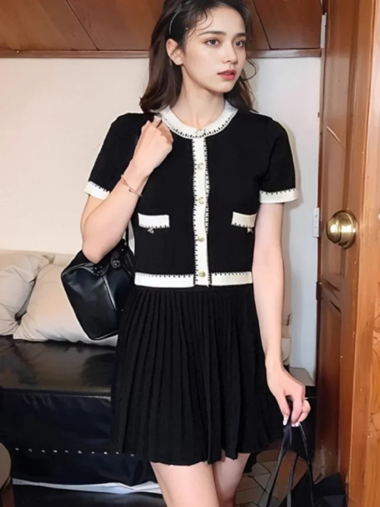 

Summer Knitting Mini Skirt Sets High Quality France Classic Cardigan Sweater Coats Pink Black Y2K Short Sleeve Jackets Hot Sweet