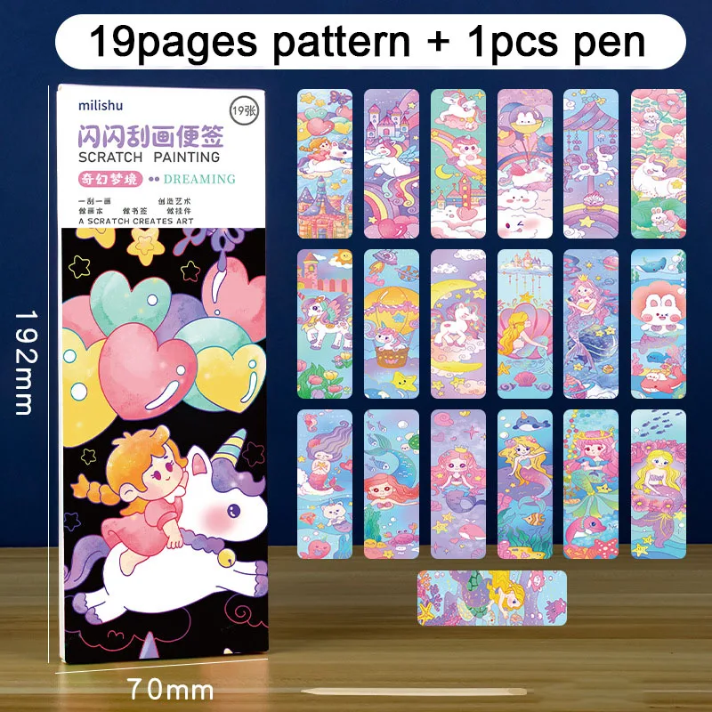 Rainbow Scratch Bookmark Art Paper Kit Cartoon Eenhoorn Dinosaurus Bloemenfee Zeemeermin Prinses Graffiti Schrapen Schilderen Notities
