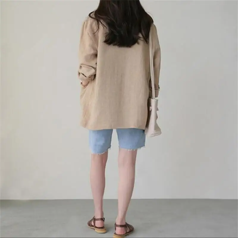 2025 Spring and Summer Korean New Style Herringbone Linen Loose Simple Long-sleeved Casual Blazer for Women