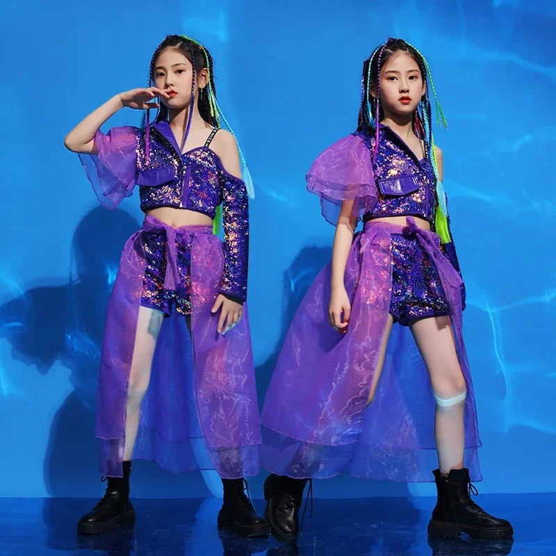 Fashion Kids Sequin Mesh Suits Costume Children Show Clothes Hip Hop Girl'S Jazz Performance Outfit Model T-Stage Clo MN12