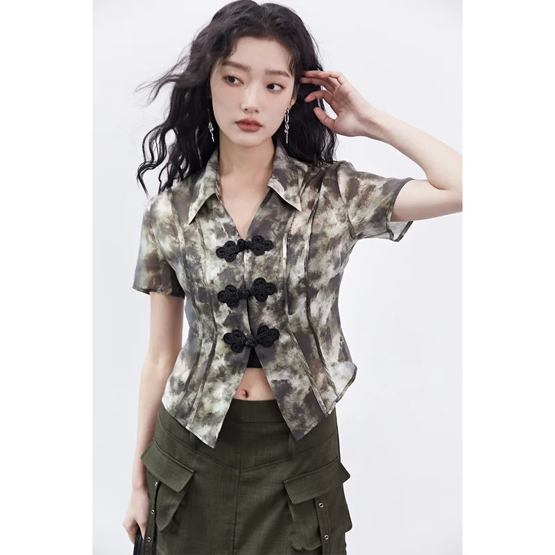 

Новая женская рубашка INGKO в китайском стиле с принтом тай-дай, легкая, в национальном стиле, на пуговицах, приталенная, с коротким рукавом, в стиле Sweet Cool Spicy.