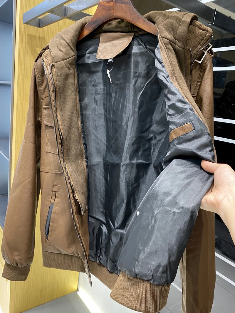 

Detachable Hoodie Fake Two-Piece PU Leather Jaet Motorcycle Sle for Men And Women Autumn Winter Baseball Coat Outerwear