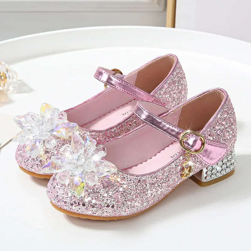 

Spring Autumn New Girls' Fashion Sequin Crystal Shoes Children's Lightweight Breathable High Heel Princess Shoes