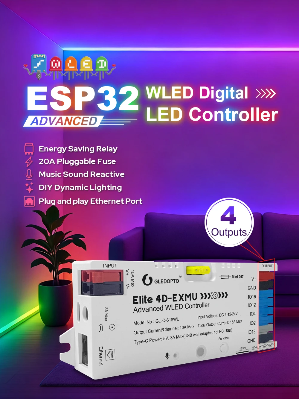 

ESP32 WLED LED Controller with 4 Outputs Ethernet Microphone UART Energy Saving Relay 20A Pluggable Fuse GLEDOPTO GL-C-618WL