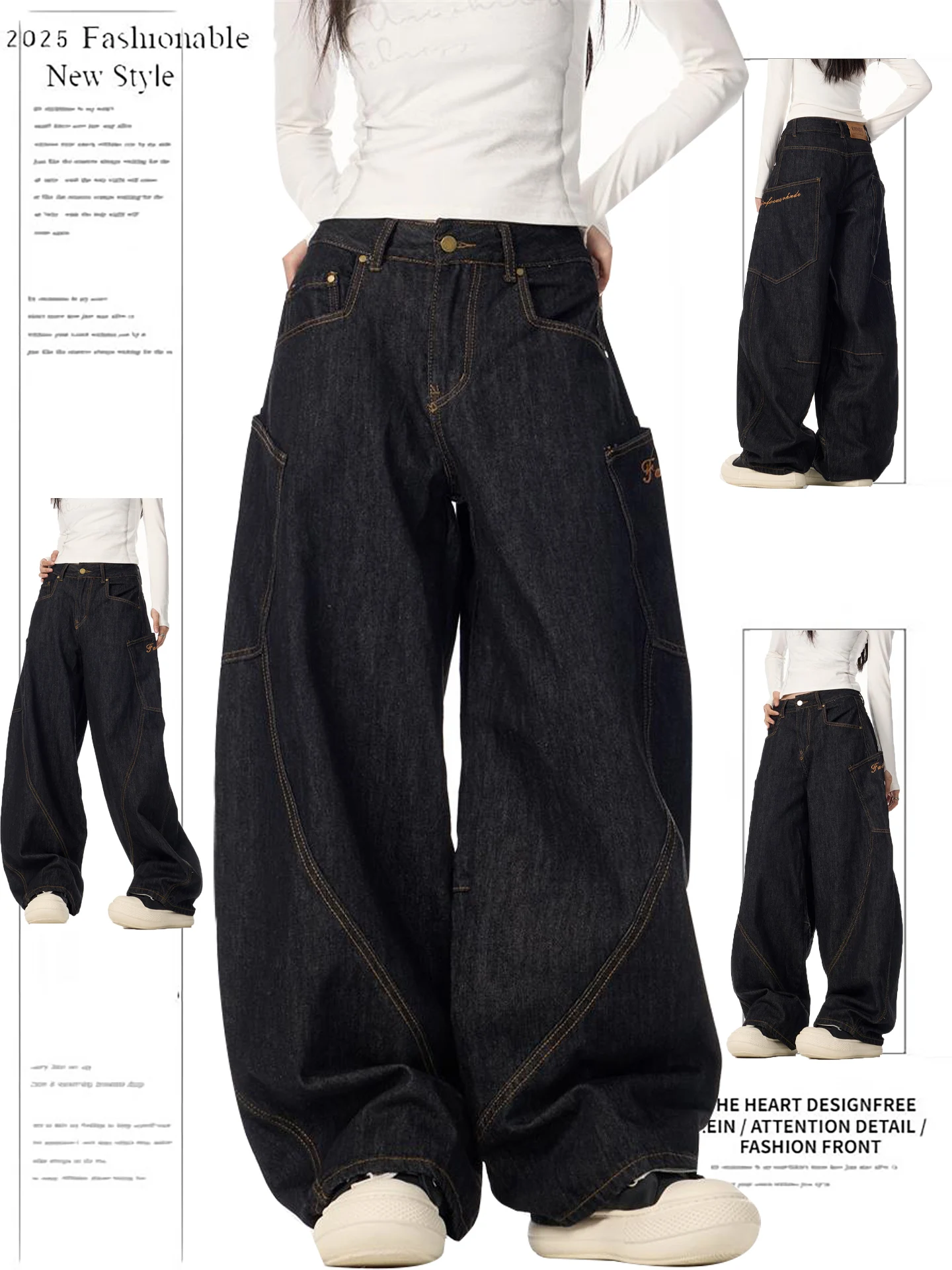 

American Retro Black Knife Denim Pants Women's Autumn Design Sensation Loose Wide Leg Floor Length Banana Pants