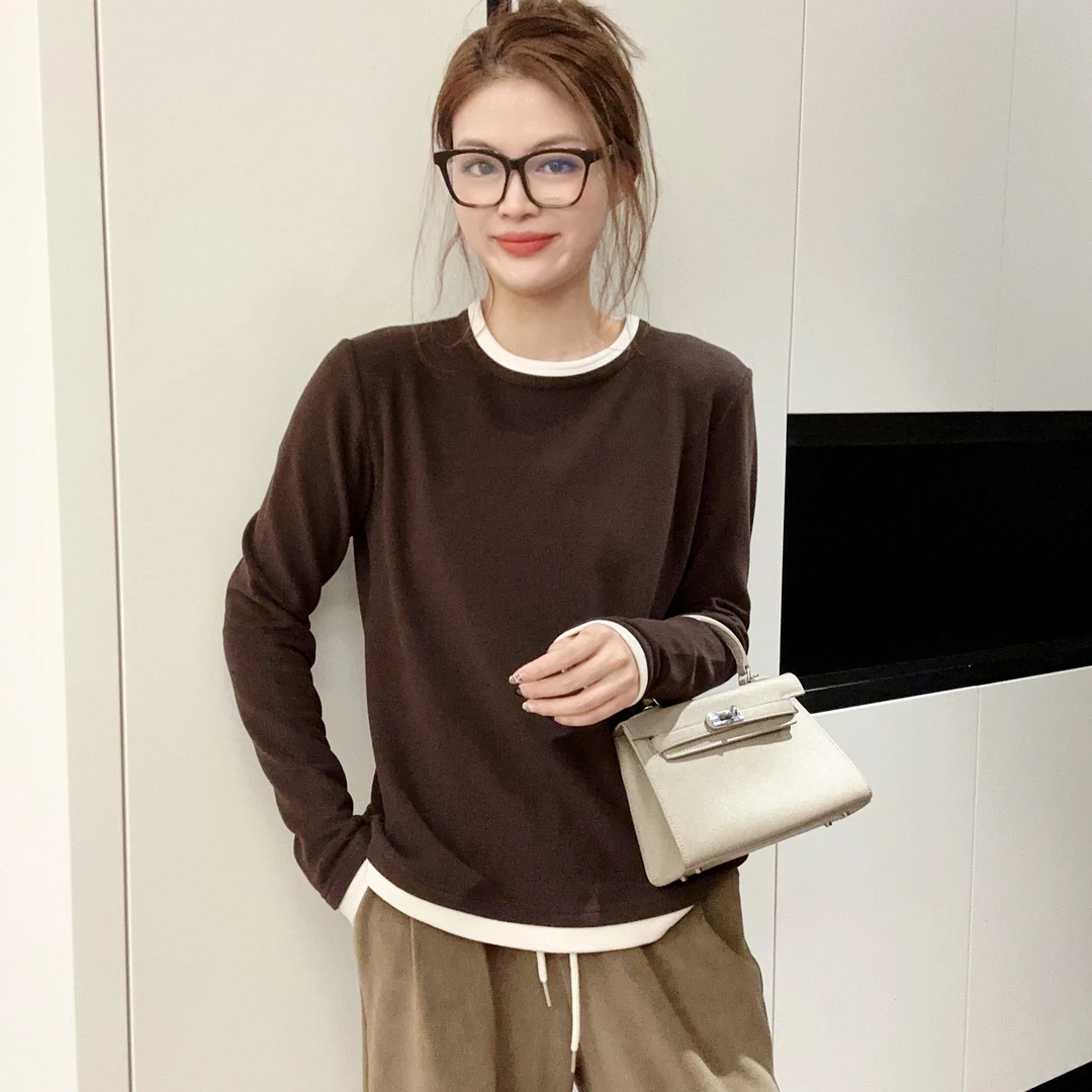 Loose Tummy Covering Sided German Fleece Women Fake Two Piece Long Sleeve T Shirt Straight Shoulder Warm Base Layer Top