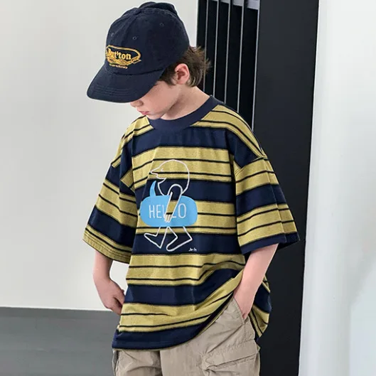 2025 New Boys Summer Striped Short Sleeve T-Shirt Fried Street Children's Summer Dress Half Sleeve
