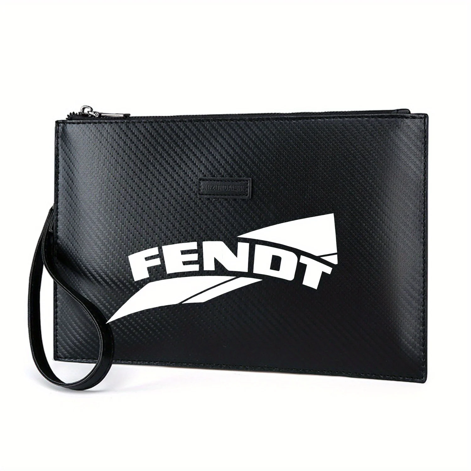 شعار أبيض بكلمة وأشكال منحنية. حقيبة يد رجالية أنيقة مطبوعة من البولي يوريثان عصرية وعملية للحمل اليومي