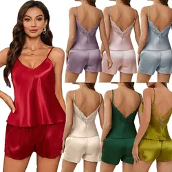 Faux Silk Satin Pajama Set for Women V-Neck Spaghetti Straps Lace Stitching Tops and Shorts Two-Piece Sleepwear Nightwear