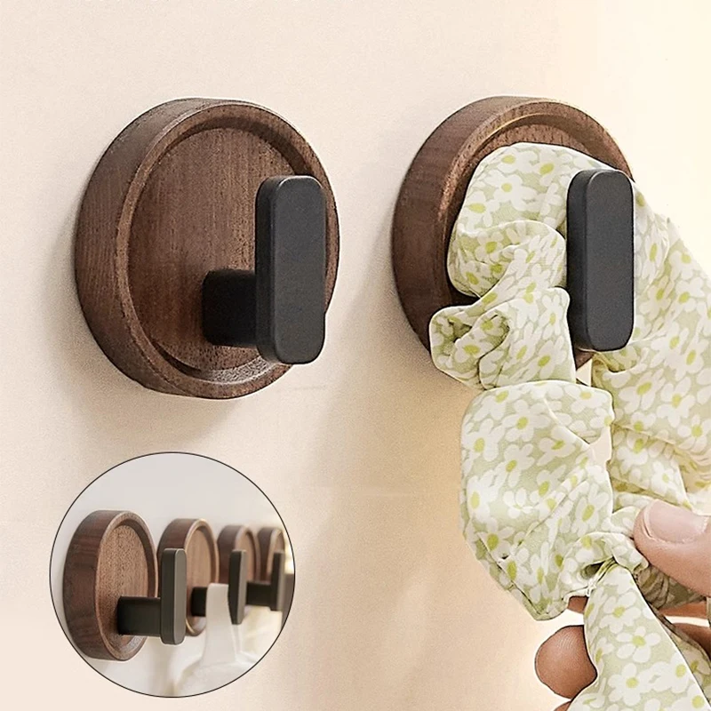 Self-adhesive Solid Wooden Hook Walnut Key Decorative Towel Holder Hook Door Hanger Wall Coat Rack Kitchen Bathroom Organizer