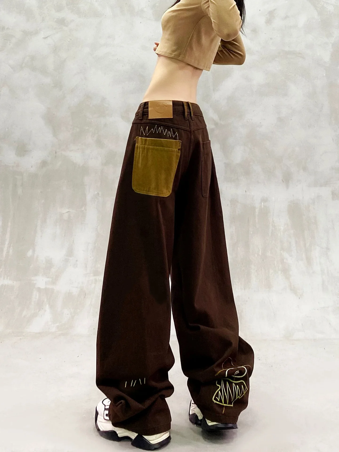 Y2K جينز منحني للنساء بجيب عالي الخصر وفضفاض مستقيم ومتعدد الاستخدامات للشتاء