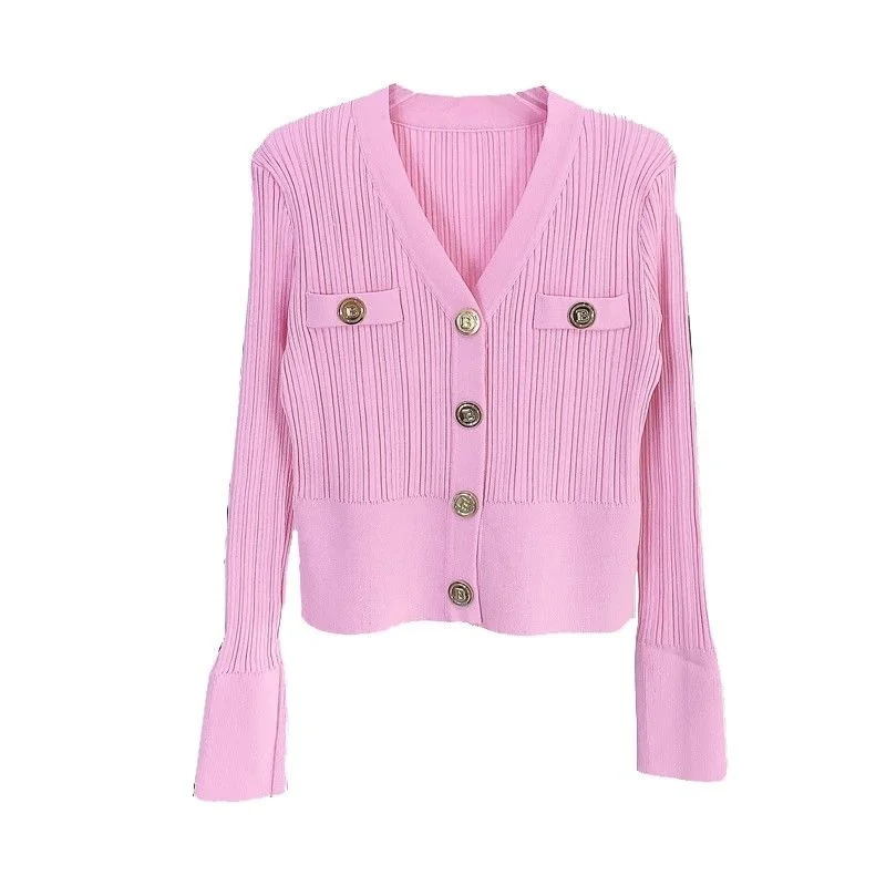 봄과 가을 신상 여성용 골드 버튼 클라인 블루 슬림 브이넥 긴팔 다용도 숏 니트 가디건