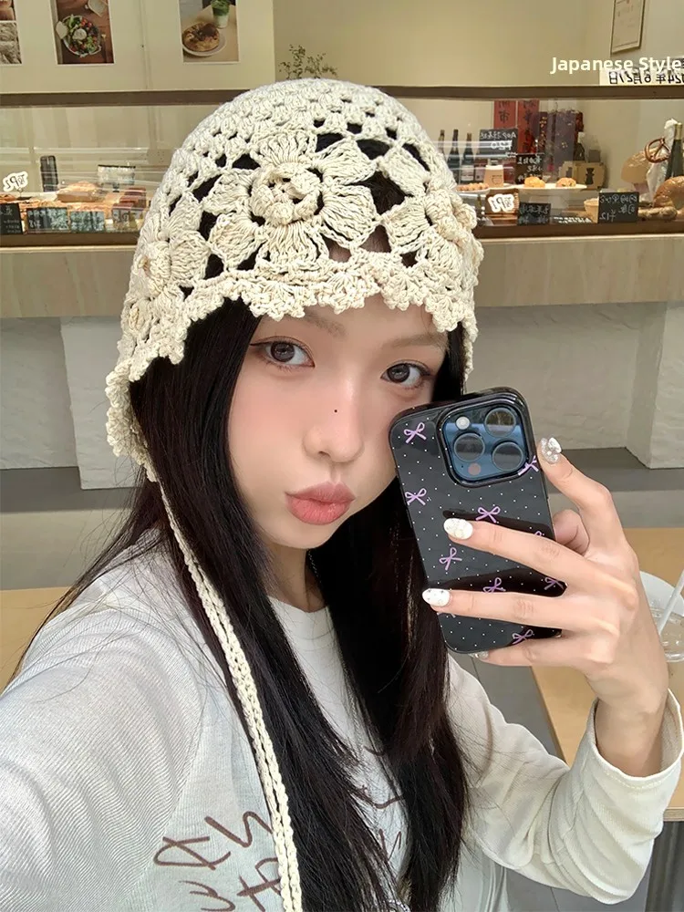 Handmade Crocheted Hollow out Flower Women's Thin Breathable Tassel Sweet Cute Overhead Hat Casual Style Spring Autumn Hat