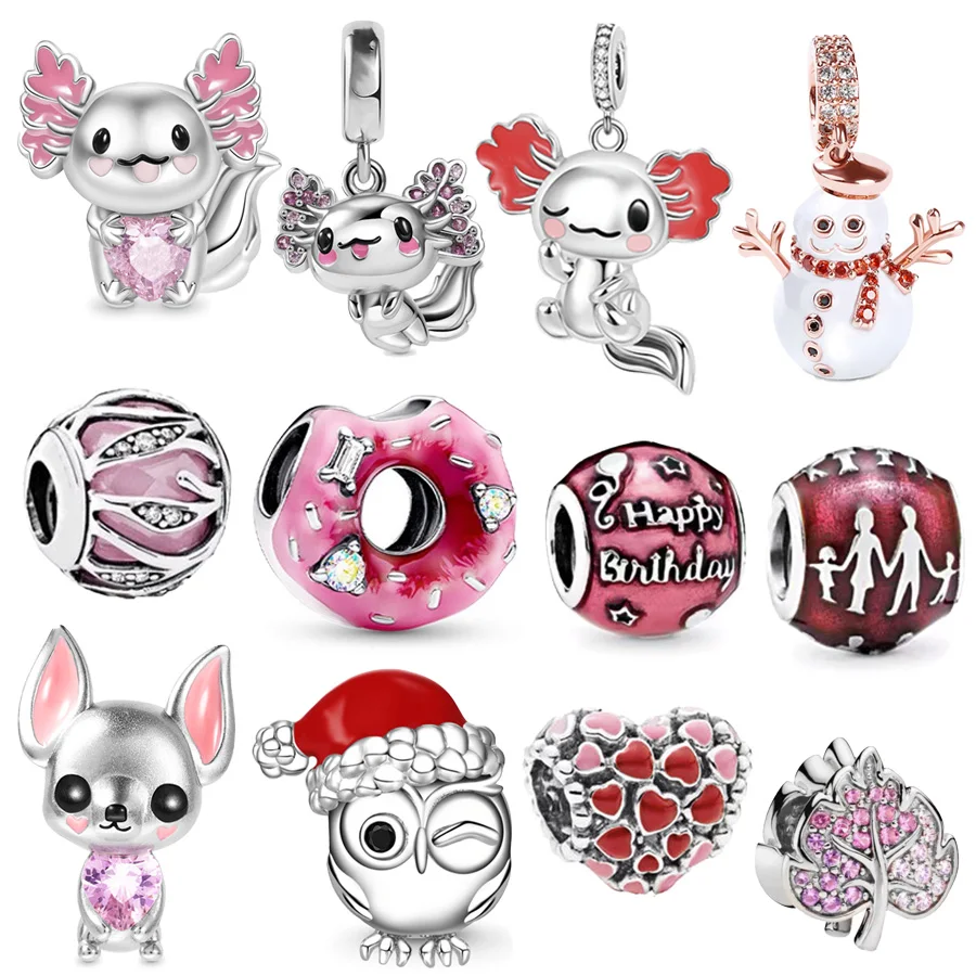 New Red Hat Owl Snowman Salamander Sparkling Pink Leaf Charm DIY Beads Fit 925 Sterling Silver Pandora Bracelet Necklace Jewelry