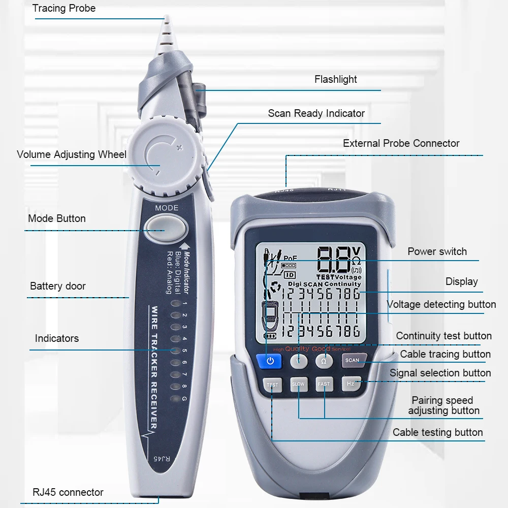 

Handheld Network Cable Tester LCD Digital Wire Trackers Continuity Battery Voltage Polarity Checking POE Test Cable Tester