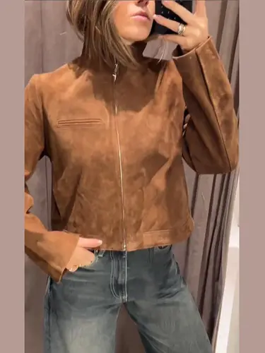 Imagen 2 del producto Chaqueta Vintage de gamuza con cuello levantado para mujer, abrigos cortos marrones de manga larga con cremallera, prendas de vestir de calle para Otoño e Invierno 2025