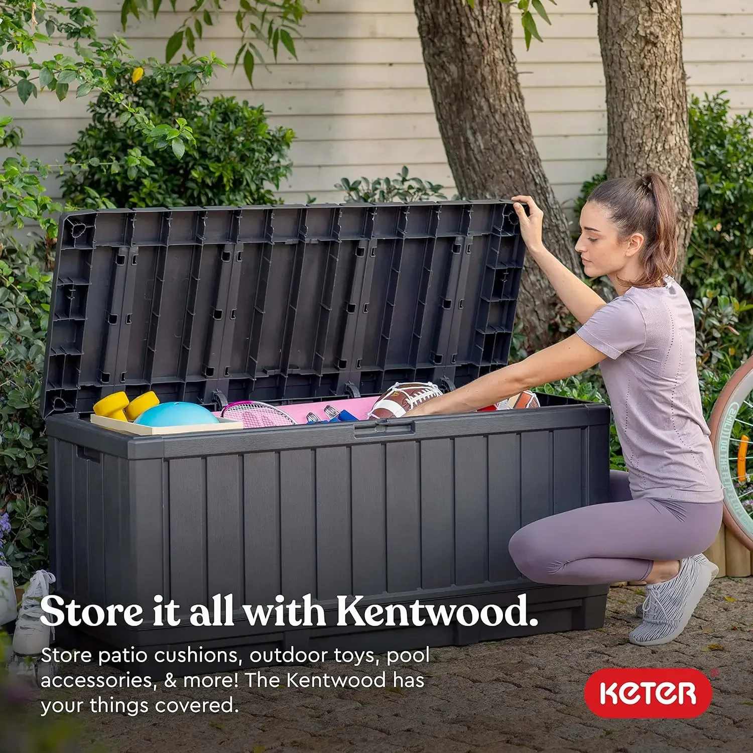 Keter Kentwood 92 Gallon Resin Deck Box-Organization and Storage for Patio Furniture Outdoor Cushions,Throw Pillows, Garden Tool