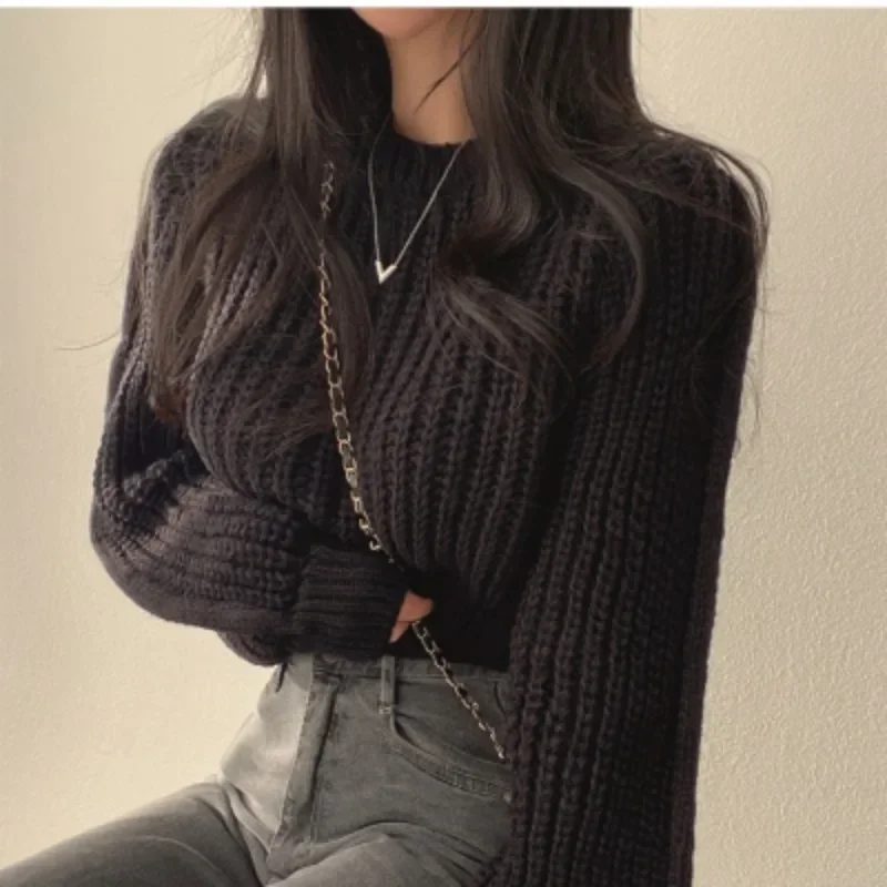 Korean Style Puff Long Sleeve Short Sweater Autumn Winter O-neck Solid Women\'s Clothes Fashion Loose Pullover Knitted Tops 28813