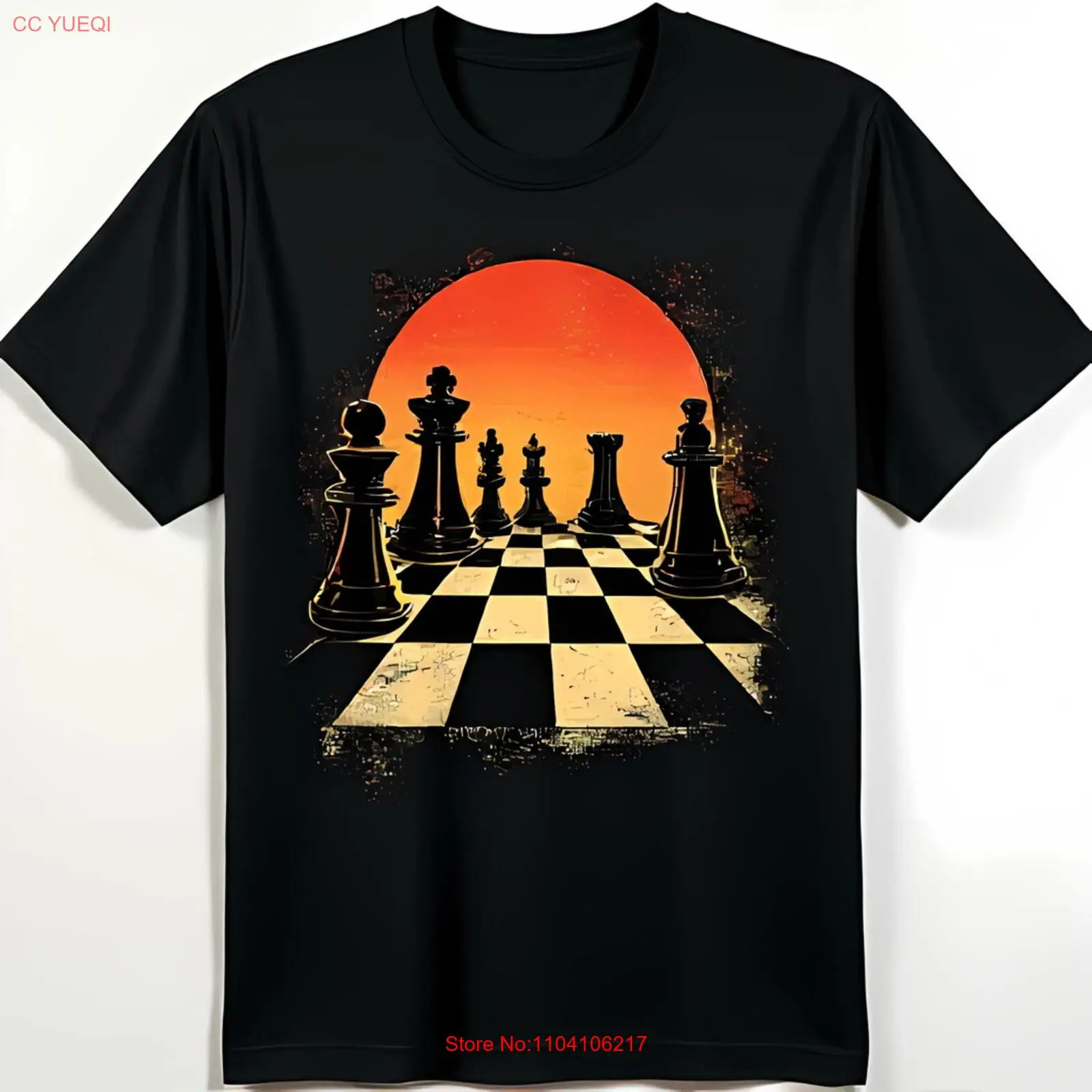 Vintage Black T-Shirt with Silhouetted Chessboard & Pieces Against Fiery