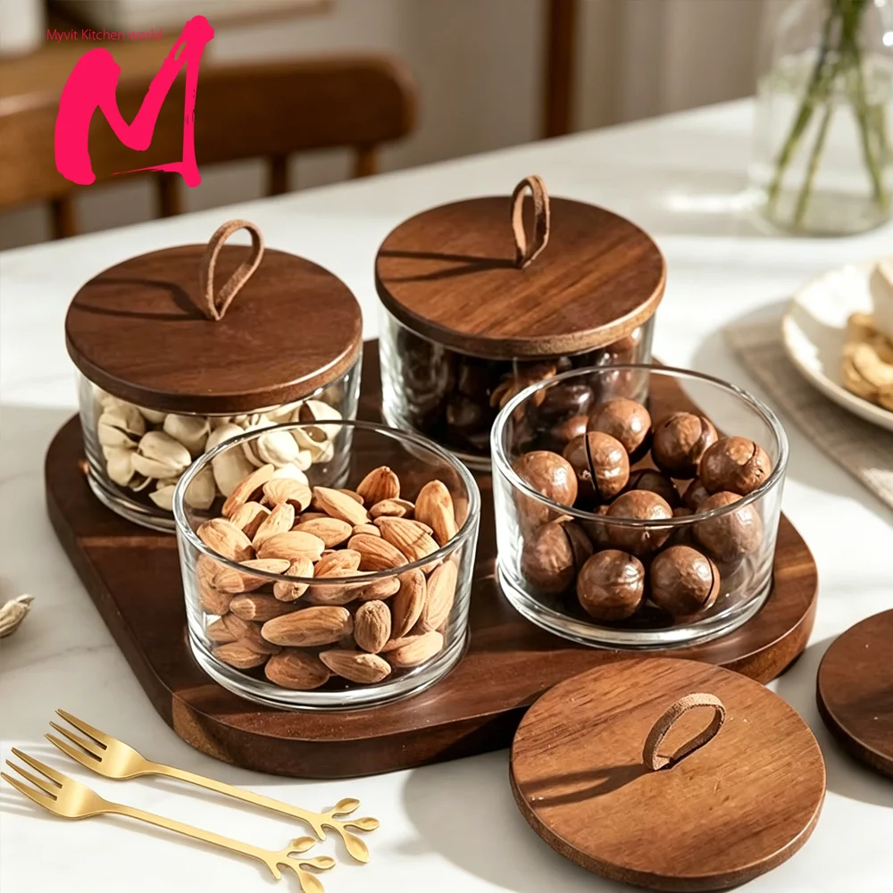 Glass Storage Bottle Divided Dried Fruit Tray with Wooden Lid Dried Fruit Snack Storage Bottle Wooden Tray Household Snack Tray