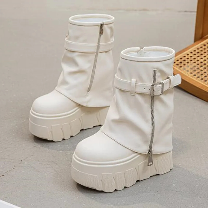 Fashion 14CM Ankle Booties Shoes Natural Genuine Leather Boots 2026 Autumn Winter Women Motorcycle Boots Platform Ladies Botas