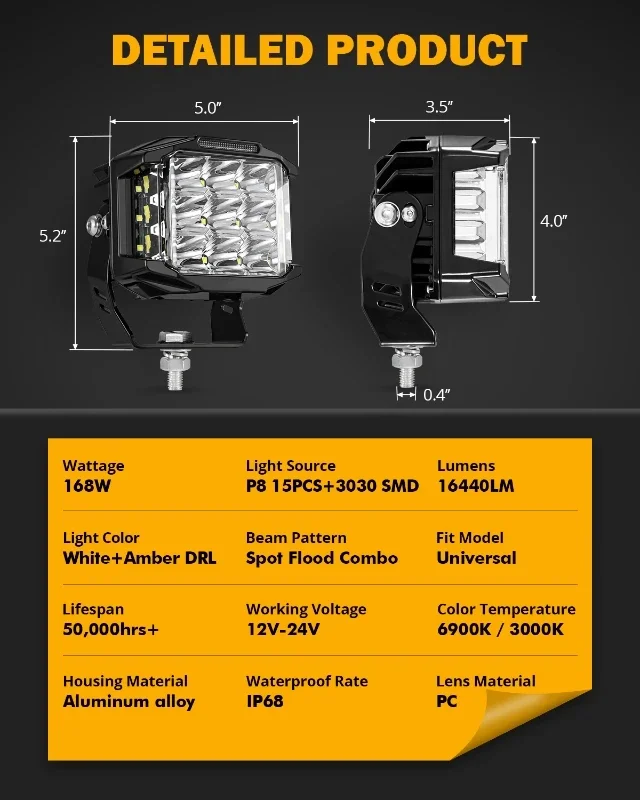 168W 5 Inch LED Work Light DRL Driving Lamp Combo Spotlights Pod with Double-Side Shooter Lights For Truck SUV 4WD ATV