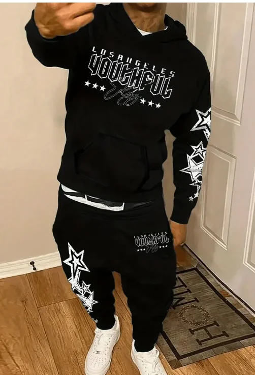 

2025 Hot-selling Autumn and Winter High-quality Men's Casual Hoodie Set Black and White Printing Sports Comfortable Fashion Set