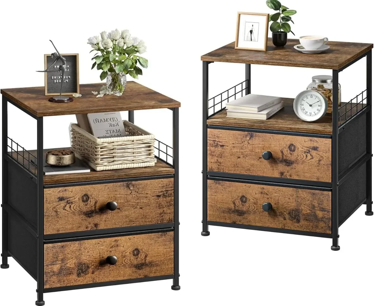 

Nightstand Set of 2, Bedside Table with Fabric Drawers and Open Wood Shelf Storage, Industrial Bed Side Table, Night Stand