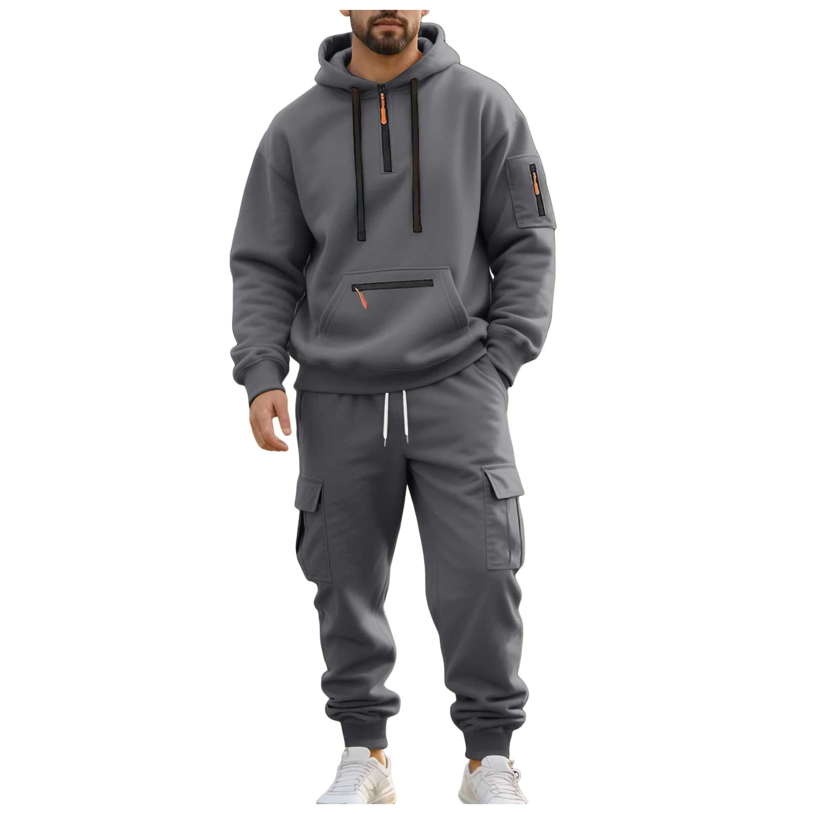 

Suit Fashion Men's Zip Up Hoodie With Multiple Pockets Casual Sweatpants Fleece Lined Tracksuit Costume Men Suit