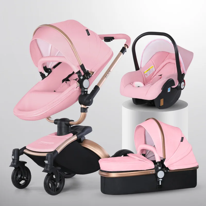 Cochecito de bebé 3 en 1, carrito de bebé de cuero Pu con asiento de coche, de viaje, plegable, de lujo