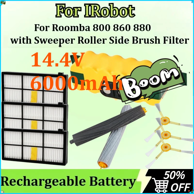 

For IRobot Roomba 800 860 880 Rechargeable Battery with Sweeper Roller Side Brush Filter Accessories Replacement 14.4V 6000mAh