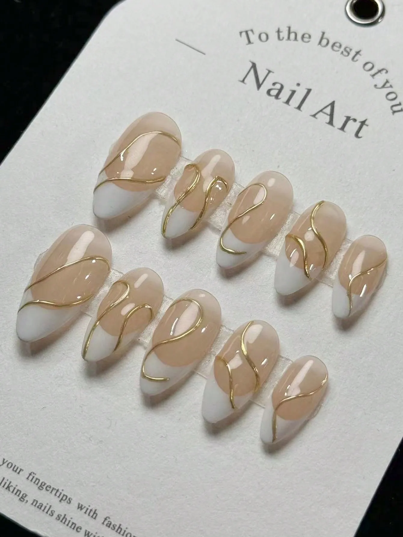10-delige pure handgemaakte amandelvormige nagels, nude wit Frans goud driedimensionale lijnen, geschikt voor woon-werkverkeer, delicaat