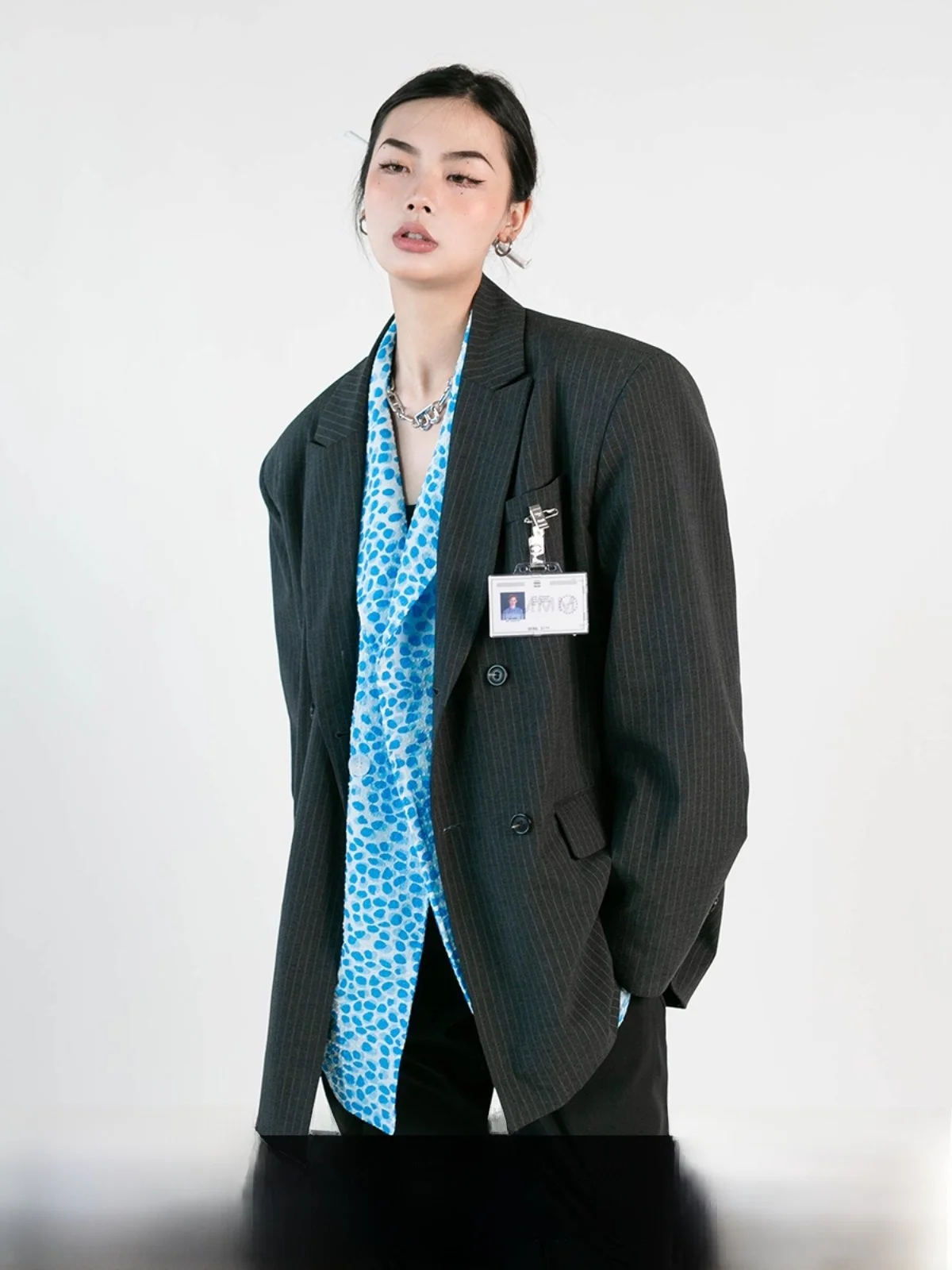 

Street Sle Men's Oversize Striped Suit Jaet Long Sve Casual Loose Fit Korean Version Blabb Spring Autumn Outerwear