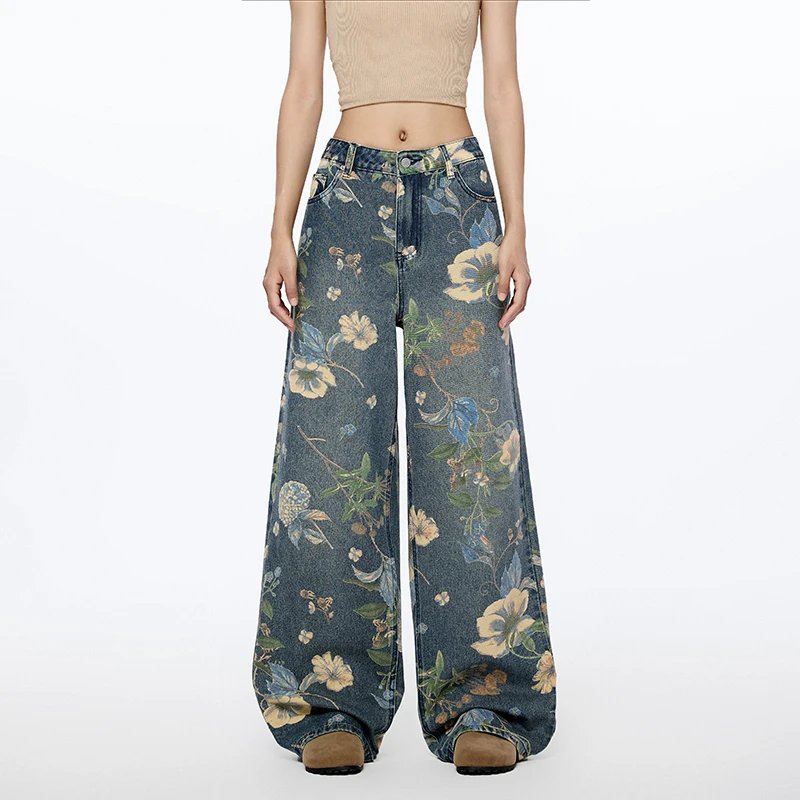 

GUUZYUVIZ American Retro High Street Floral Print Straight Baggy Jeans For Women Y2k Casual Wash Denim Wide Leg Pants Female