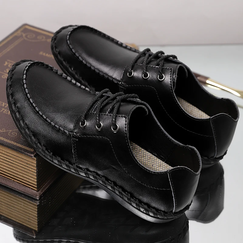 STRONGSHEN Men Casual Leather Shoes Brand Breathable British Mens Sneakers Fashion Lace Up Soft Flats Driving Shoes Peas Shoes